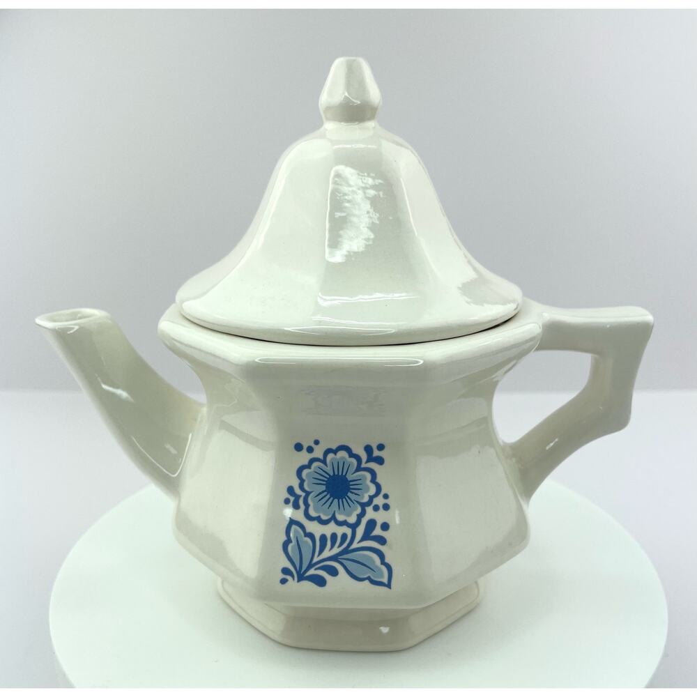 Vtg Avon Teapot Single Serve White Ceramic Blue Floral Design, Farmhouse Cottage